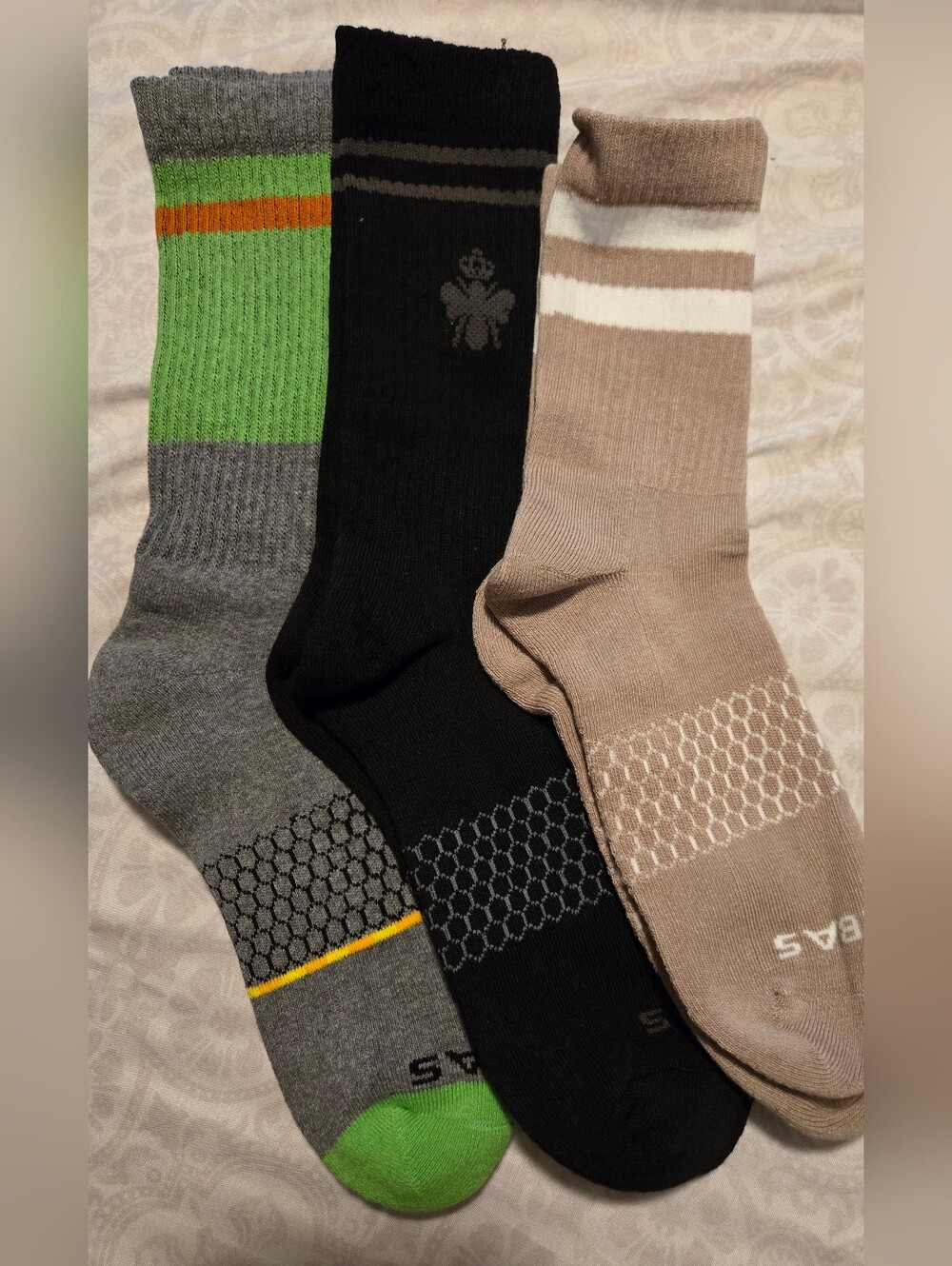 Bombas Men's Athletic Crew Socks - Gray, Black & Tan - Pack of 3 Size L